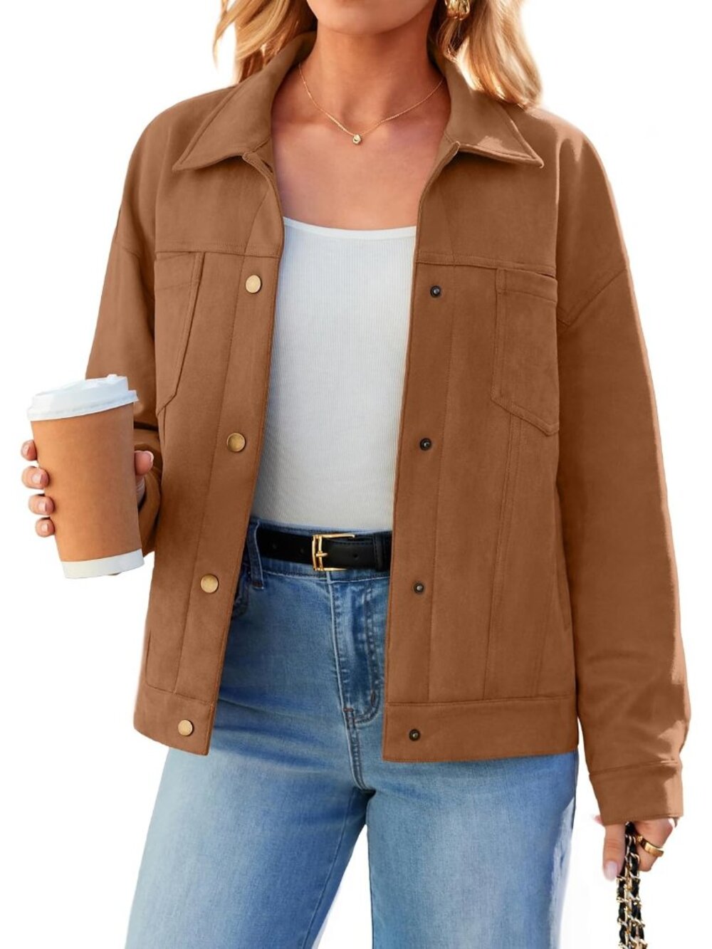 Women's Camel Long Sleeve Faux Suede Button Down Fall Casual Coats Jacket